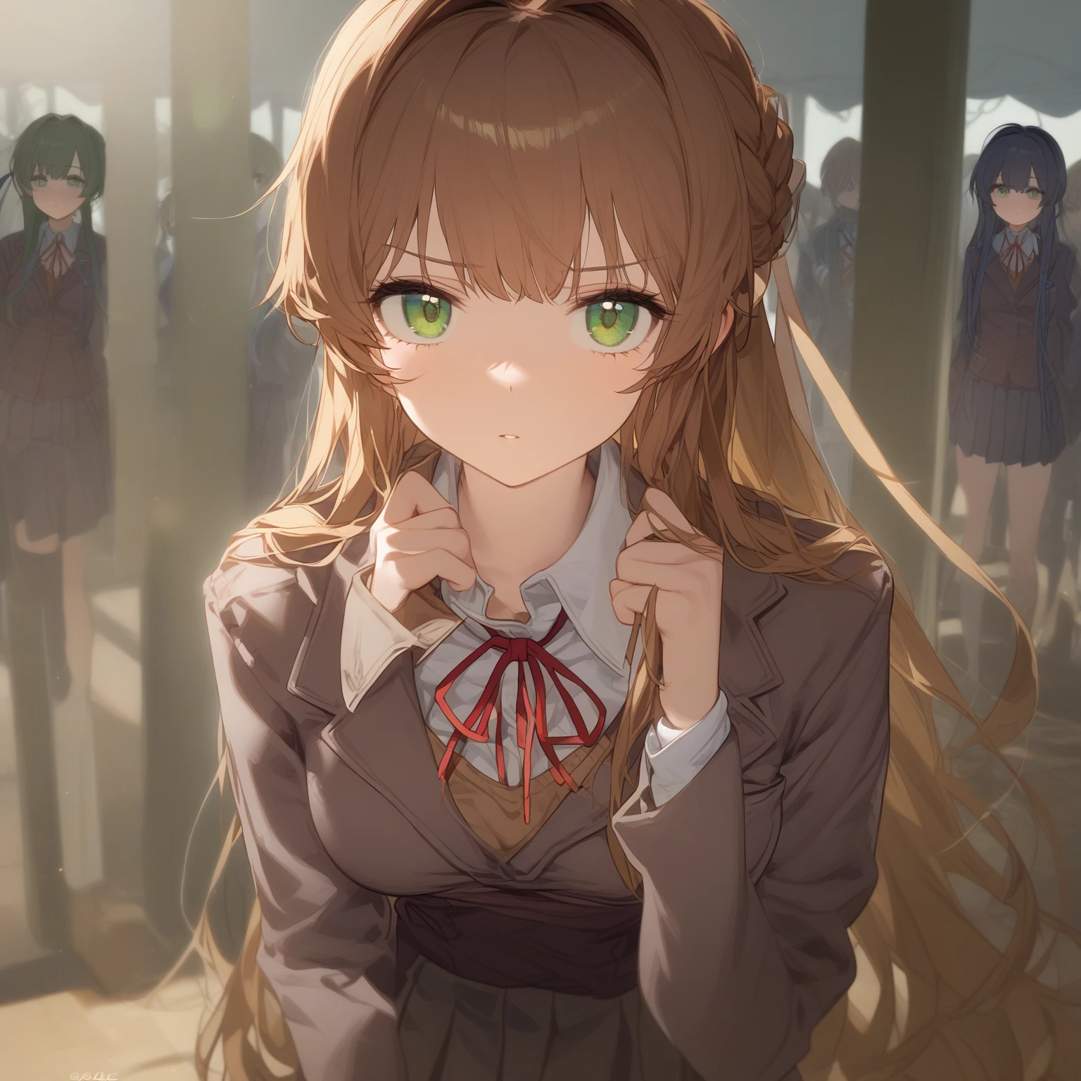 Monika, ddlc, ominous gaze, staring at the viewer, green eyes, school uniform, brown blazer