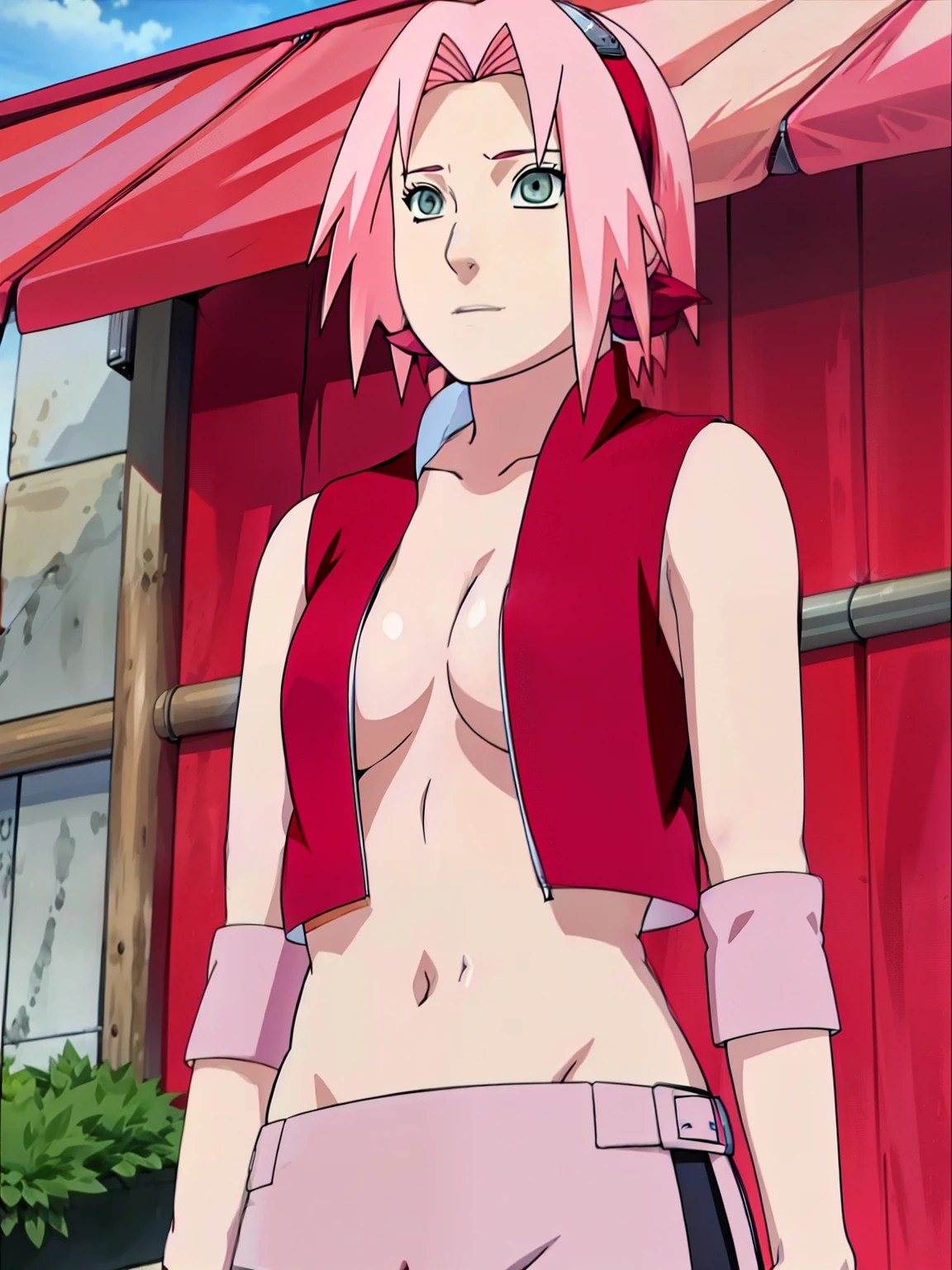 Sakura Haruno showing her armpit open blouse open zipper ripped blouse open shirt ripped shirt showing sexy chest and belly.