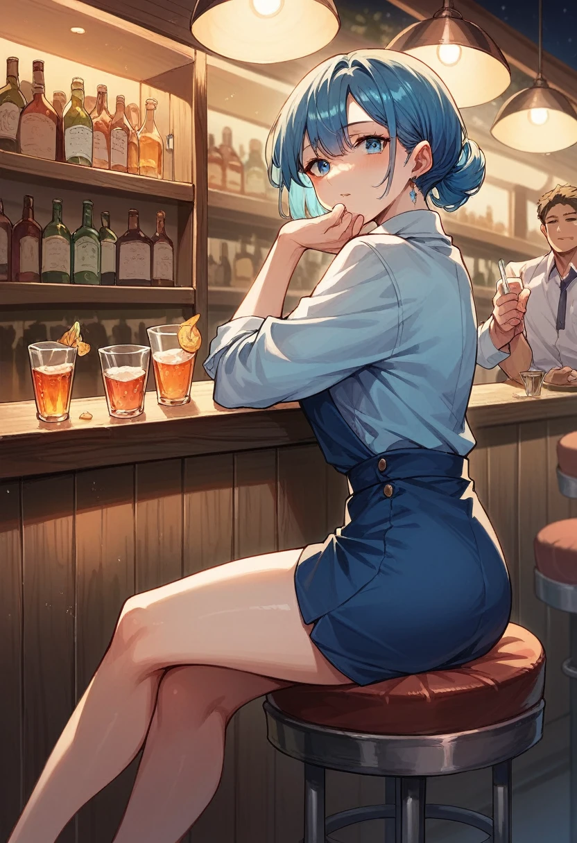 1 beverage cart, Woman At The Bar, night, LED Light, Blue LED, night, , Drinks 5 euros, Bartender making drinks  ,Anime Style,Highest quality