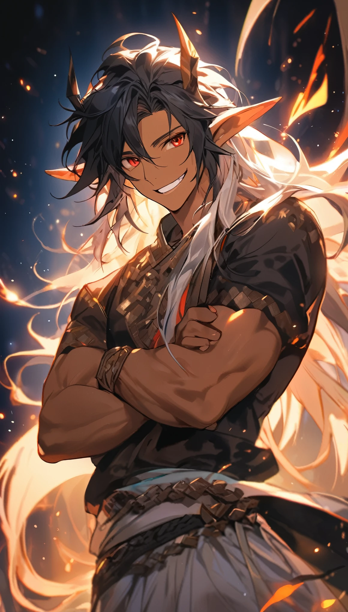 1 boy, Pointed ears, Male focus, Solitary, Cross your arms, Skin of color, Luminescence, Luminescence eyes, Long hair, teeth, Red Eyes, Smile, Black Hair, Tanned skin, sharp teeth, Looking at the audience