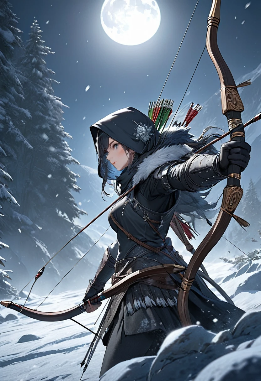 masterpiece, 8k, best quality, highly detailed, a longbow based off of a freezing dark moon