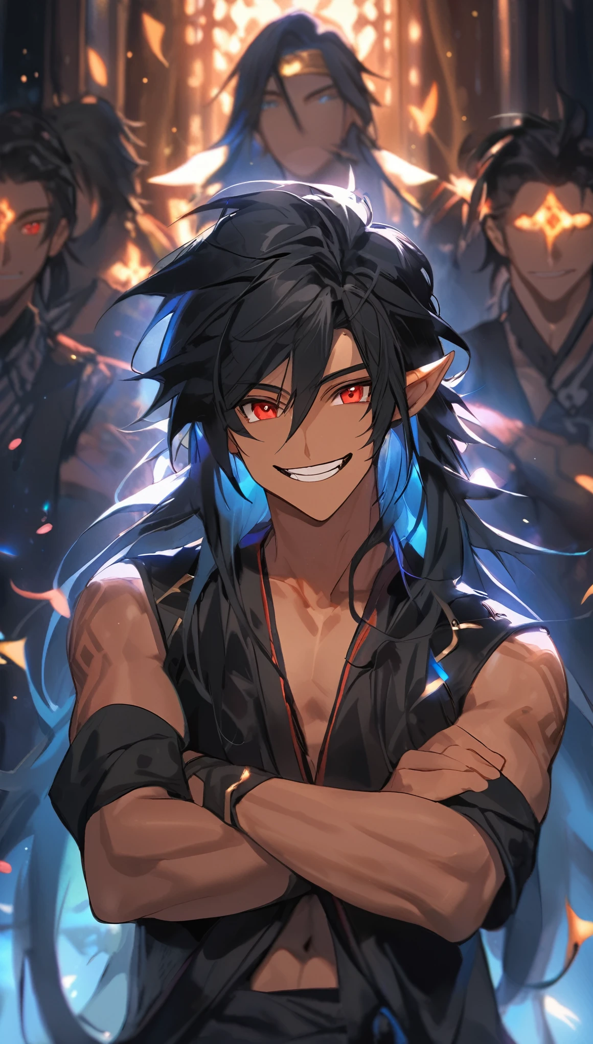 1 boy, Pointed ears, Male focus, Solitary, Cross your arms, Skin of color, Luminescence, Luminescence eyes, Long hair, teeth, Red Eyes, Smile, Black Hair, Tanned skin, sharp teeth, Looking at the audience