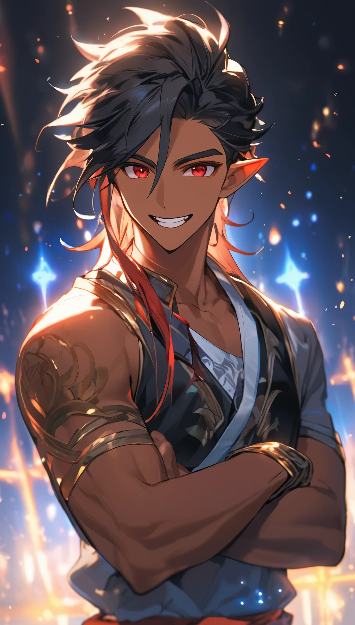 1 boy, Pointed ears, Male focus, Solitary, Cross your arms, Skin of color, Luminescence, Luminescence eyes, Long hair, teeth, Red Eyes, Smile, Black Hair, Tanned skin, sharp teeth, Looking at the audience