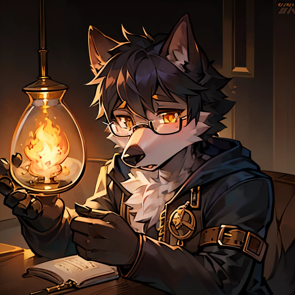 single, furry man, furry, dogจิ้งจอก, dogจิ้งจอกอาร์กติก, dog, gray-black feathers;;, golden eyes, glasses, alchemist