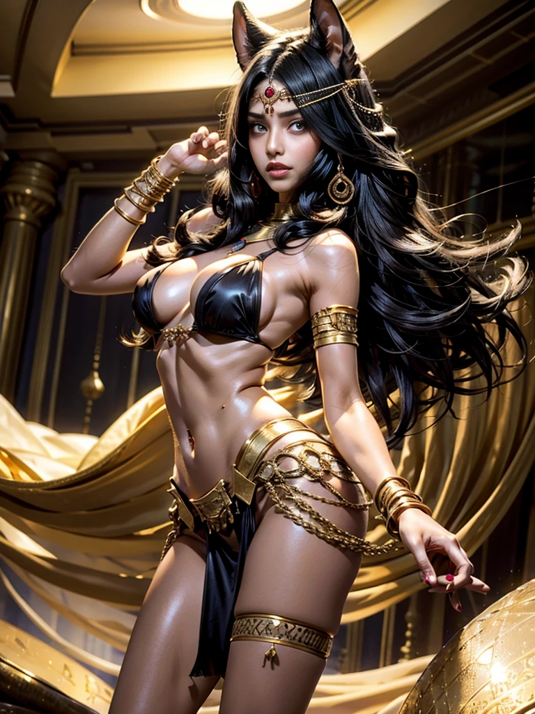 Egypt and the desert,One girl, High resolution, Long Hair, Black Hair, Very Long Hair, Open your mouth a little, Highest quality, Textured skin, Shake your hair, Hime cut, Large Breasts, Pink eyes, Cleopatra,Widescreen, Viewfinder, Gold Jewelry,Dancing brilliantly,The most beautiful in the world,Stylish wearing hood, Wide-angle shot, Hime cut,