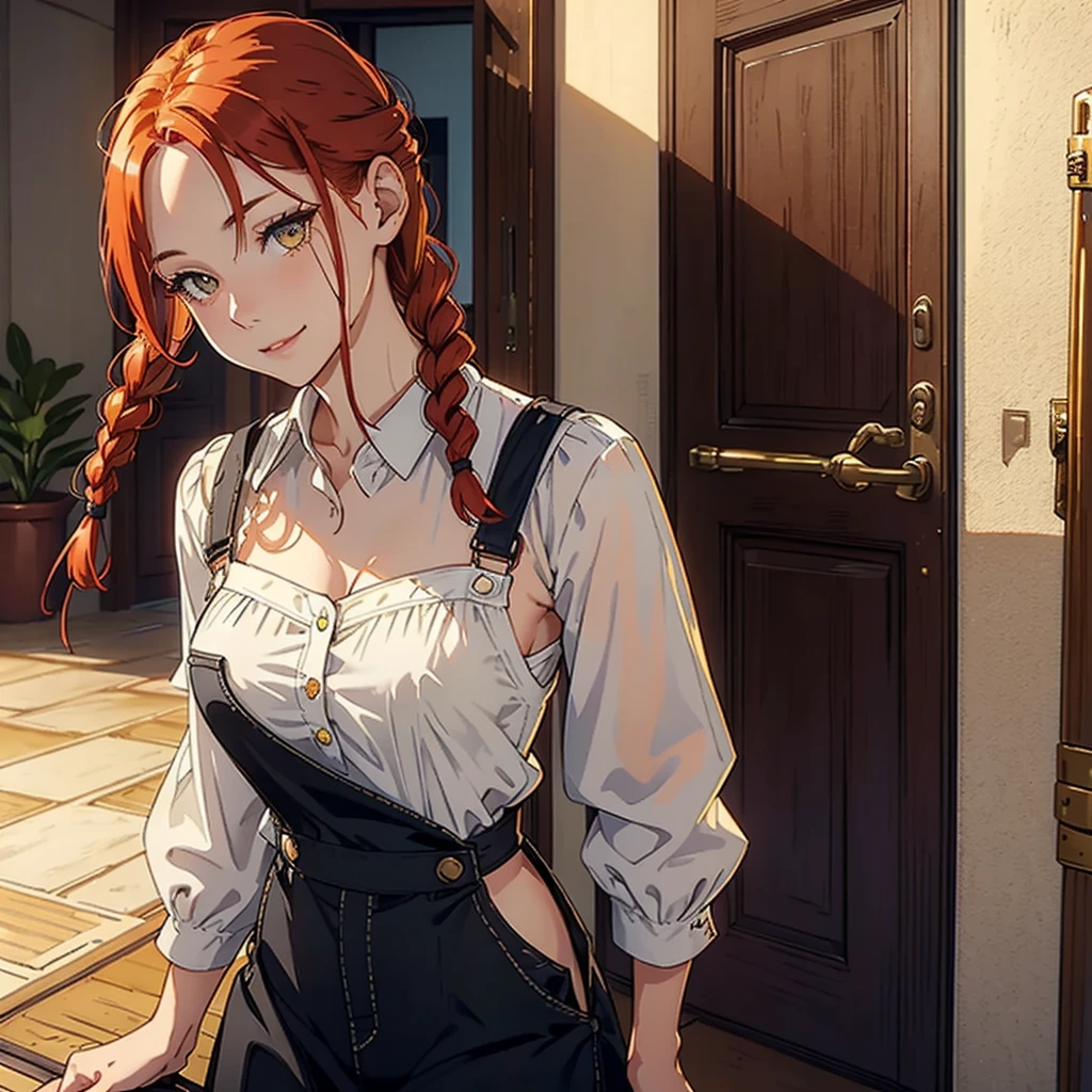 One woman, (natural redhead), honey yellow eyes, by the wide, small braids, bright smile, detailed eyes, chest a little big, detailed body, beautiful body, detailed clothing, black overalls skirt with white blouse, head on, hands back leaning forward, flirtatious look, standing in the entrance of a house with the door open.