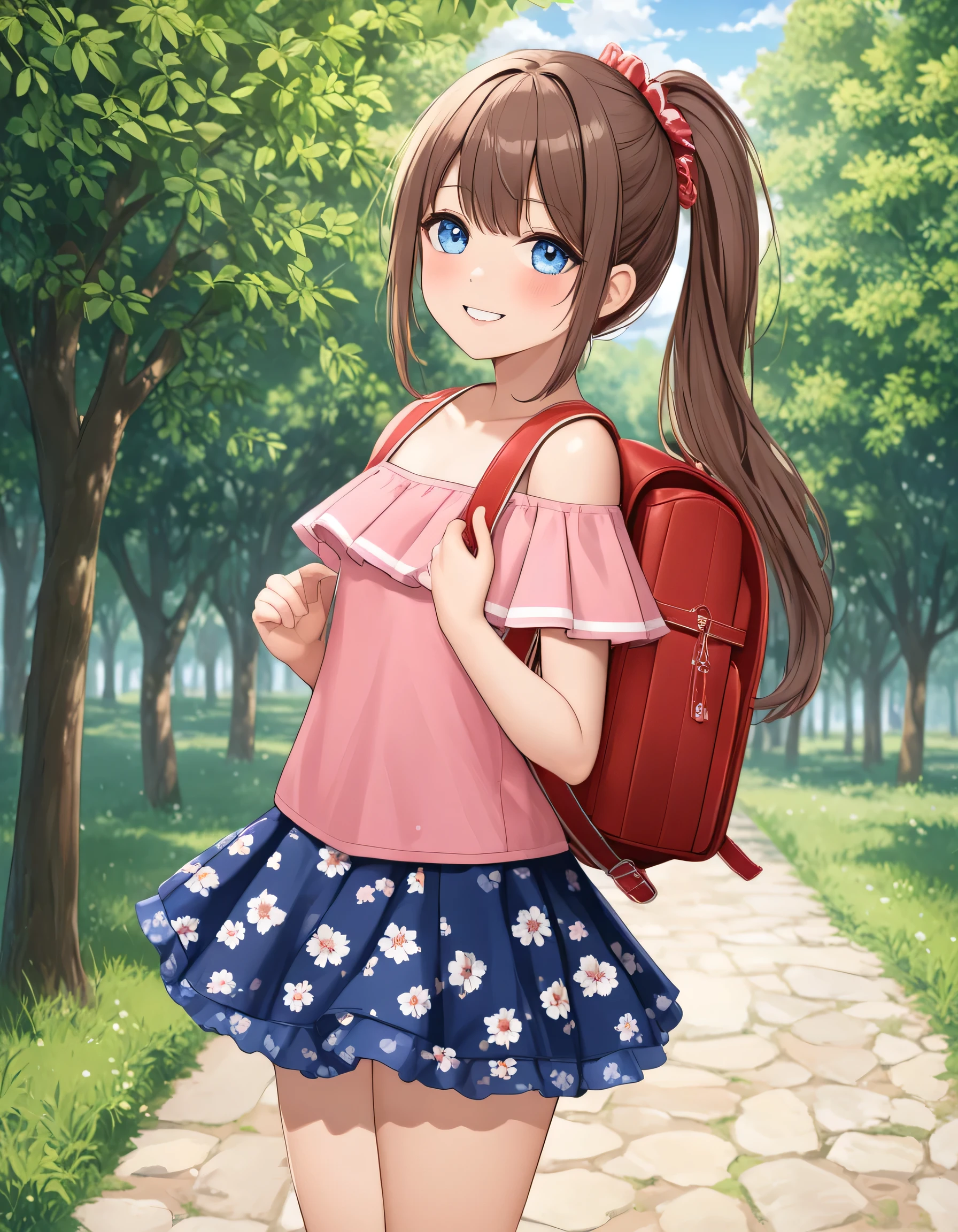 masterpiece, best quality, highres, 1girl, long hair, one side up, solo, ponytail,brown hair, blue eyes, bare shoulders, pink shirt, floral print, short sleeves, off-shoulder shirt, frills, blue skirt, cowboy shot, smile,standing, fullbody, wear high heels, wearing randoseru backpack, (randoseru backpack:1.1), outdoor, day