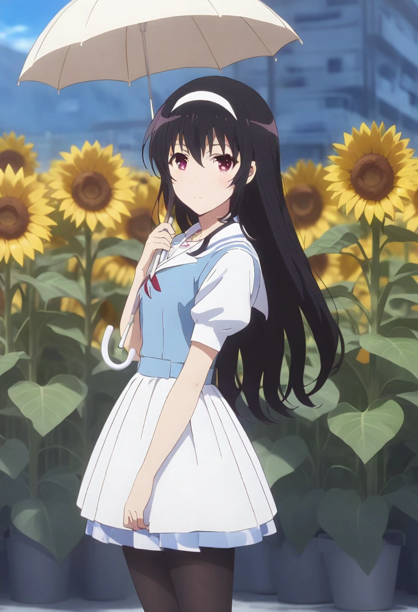 Wearing a white dress、Anime girl wearing a black hat standing in a sunflower field, Holding a white umbrella，Beautiful sunflower anime girl, high quality anime movie still,Anime style, Black-haired girl，individual