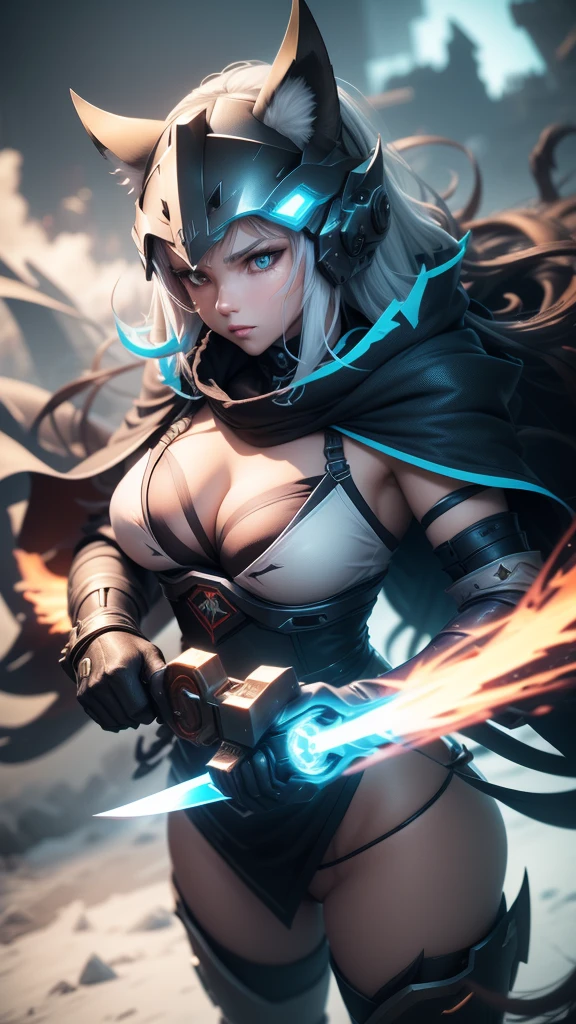 (bright colors, Cinematic feel, Add details, extreme details, sharp focus), steel knife, The blade is long and curved, The sharp edges shed an icy blue light. Runes are engraved on the base of the sword, whole body (close up), (full black) Armed mecha wolf girl (Luxury, bright, Noble Queen, war girl), fair, Imperial sister, oriental girl, Express (domineering) condescending, Mecha Wolf Fang Helmet, shawl, 8k, attack action, Permanent (Feet open), damaged (Urban),