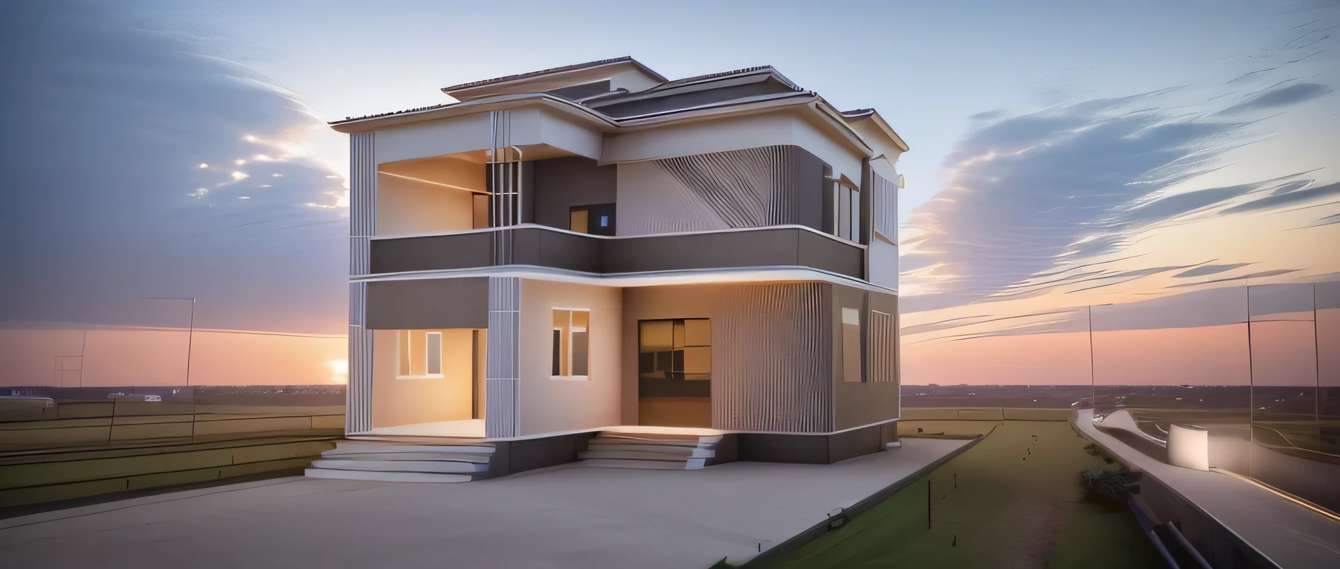 a rendering of a two story house with a balcony and a staircase, exterior design, complete house, 3 d perspective, inter dimensional villa, perspective view, residential design, architectural design, comprehensive 2 d render, 3d rendering, 3 d rendering, overall architectural design, contemporary house, isometric perspective view, 3d design, 3 d design, Realistic Render,4K Realistic Rendering,4K Resolution, Real Time Rendering