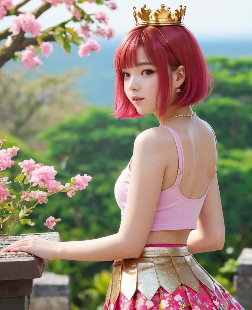 18 year old beautiful girl, masterpiece, best quality, 8K animation, detailed fingers, precise fingers, not unnatural hands, illustration, 1 girl, solo, pink bob cut, gold crown, flower hair ornament, sagging eyes, red mini skirt, YUI showing ass