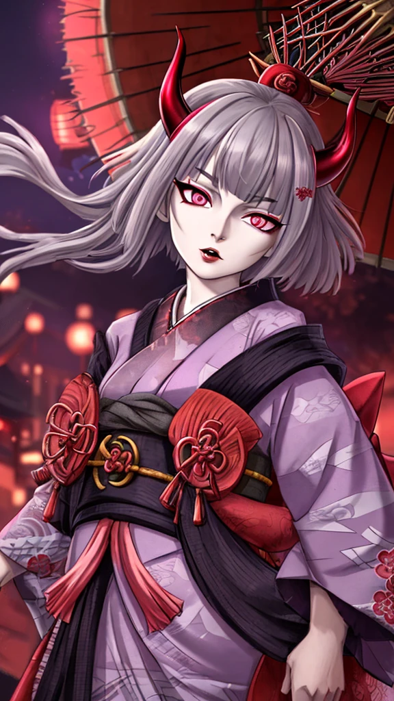It looks like Demon Slayer,Japanese clothing kimono,Oiran,Female Swordsman,Turning around、The location is the night entertainment district。High resolution, Grey hair, Purple eyes, Horns of the beast, tooth, Highest quality, Gaze, Textured skin, Ultra high definition, Very detailed, Pink eyes, Blurred, Background blur,Long kimono