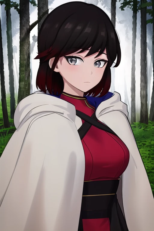 srwby, short hair, black hair, red hair, white cloak, white cape, gradient hair, grey eyes, Solo, 1girl, Looking at viewer, Masterpiece, Best Quality, forest