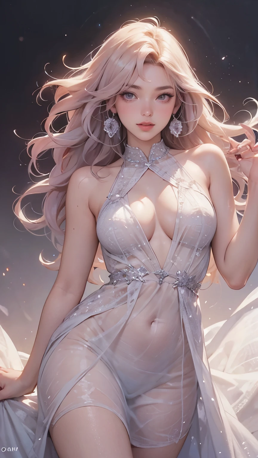 Vivid hair, a pastel-colored dress, a colorful color scheme based on the 12-tone color wheel, a sparkling girl, a cute expression, hair scattered radially, thin fabric, a floating feeling, detailed skin texture, a fantastical and unrealistic light touch like paint,