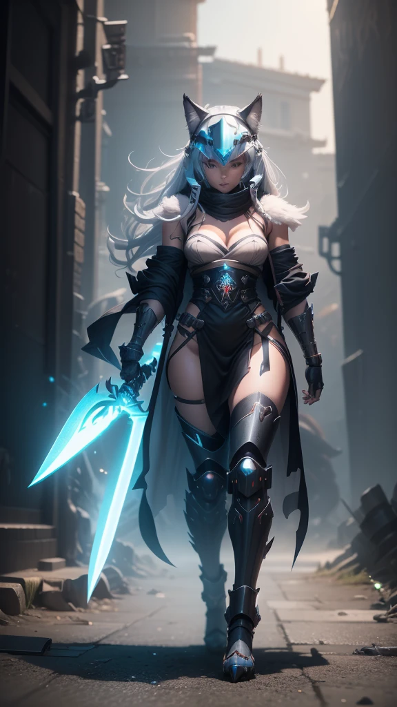 (bright colors, Cinematic feel, Add details, extreme details, sharp focus), steel knife, The blade is long and curved, The sharp edges shed an icy blue light. Runes are engraved on the base of the sword, whole body (close up), (full black) Armed mecha wolf girl (Luxury, bright, Noble Queen, war girl), fair, Imperial sister, oriental girl, Express (domineering) condescending, Mecha Wolf Fang Helmet, shawl, 8k, attack action, Permanent (Feet open), damaged (Urban),