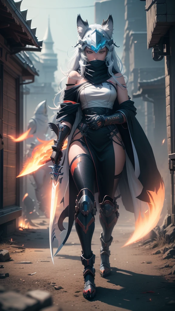 (bright colors, Cinematic feel, Add details, extreme details, sharp focus), steel knife, The blade is long and curved, The sharp edges shed an icy blue light. Runes are engraved on the base of the sword, whole body (close up), (full black) Armed mecha wolf girl (Luxury, bright, Noble Queen, war girl), fair, Imperial sister, oriental girl, Express (domineering) condescending, Mecha Wolf Fang Helmet, shawl, 8k, attack action, Permanent (Feet open), damaged (Urban),