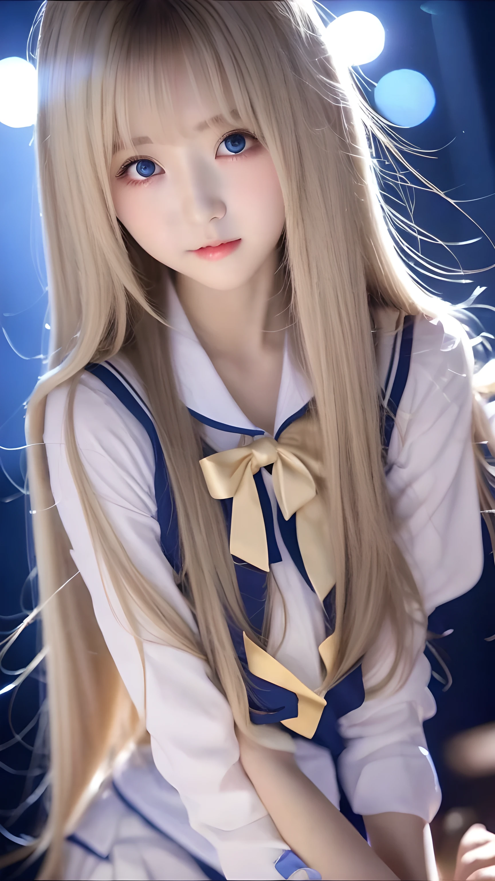 1 girl、school uniform、Blue sky、Bright and beautiful face、young, Fair and shiny skin、best look、Golden hair reflects the dazzling light、Extra long silky straight hair,Shiny and beautiful blonde hair、Long bangs、A very beautiful girl、The big eyes sparkle with clear light blue light、Beautiful cute beautiful girl