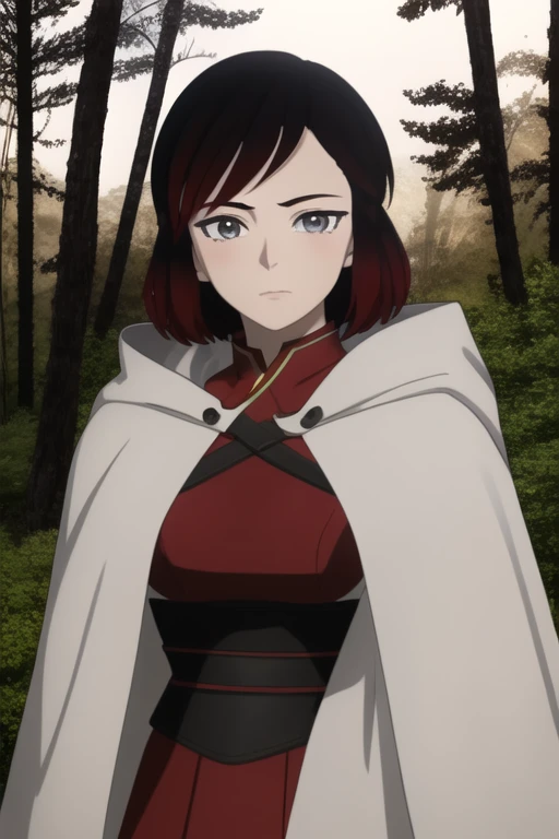 srwby, short hair, black hair, red hair, white cloak, white cape, gradient hair, grey eyes, Solo, 1girl, Looking at viewer, Masterpiece, Best Quality, forest