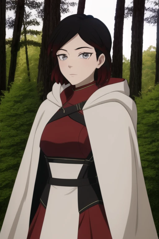 srwby, short hair, black hair, red hair, white cloak, white cape, gradient hair, grey eyes, Solo, 1girl, Looking at viewer, Masterpiece, Best Quality, forest