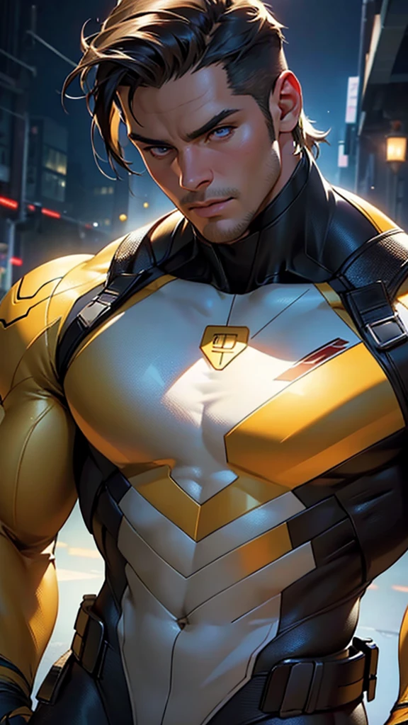 a muscular handsome man in a bodysuit,detailed face, detailed eyes,detailed lips,detailed costume,dynamic lighting,cinematic composition,highly detailed,masterpiece,photorealistic,4k,8k,HDR,studio lighting,