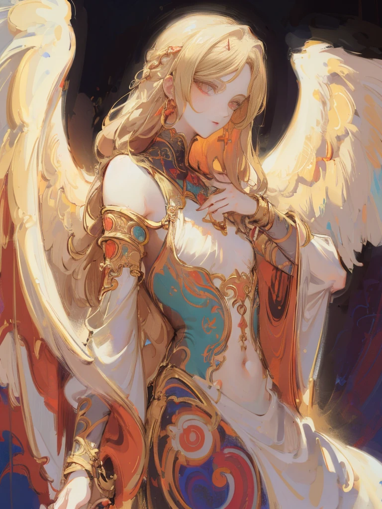 design:nty, women are, (Angelic), Colorful clothing, Intricate details, Colored Background, Abstract, Blonde red eyes, Perfect Eyes, Anatomically correct