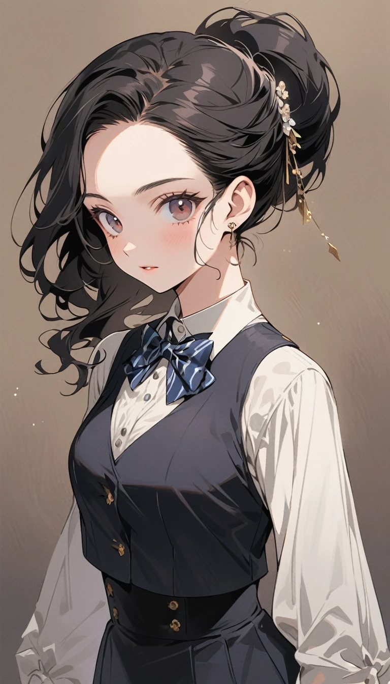 (Highest quality、masterpiece、High resolution、detailed)Anime Style、Flat Style、(detailedな目、Beautiful Face),  One girl,
break
//Fashion Vintage Chic,
Get retro vibes with a vintage chic outfit complete with bow tie and suspenders, Start with a tailored vest or waistcoat in a classic color like black., Navy blue, or charcoal grey, Pair with high-waisted pants or a pencil skirt for a sophisticated silhouette.。, Pair a crisp white button-down shirt with a colorful bow tie、Your individuality stands out。, 
break
Layer on a pair of matching suspenders for a stylish and functional touch, Complete the ensemble with polished oxfords or loafers.、Wear your hair in soft waves or a sleek updo。, This vintage-inspired costume、Perfect for theme parties and cosplay events。, It embodies the timeless elegance of old Hollywood glamour.,
break
