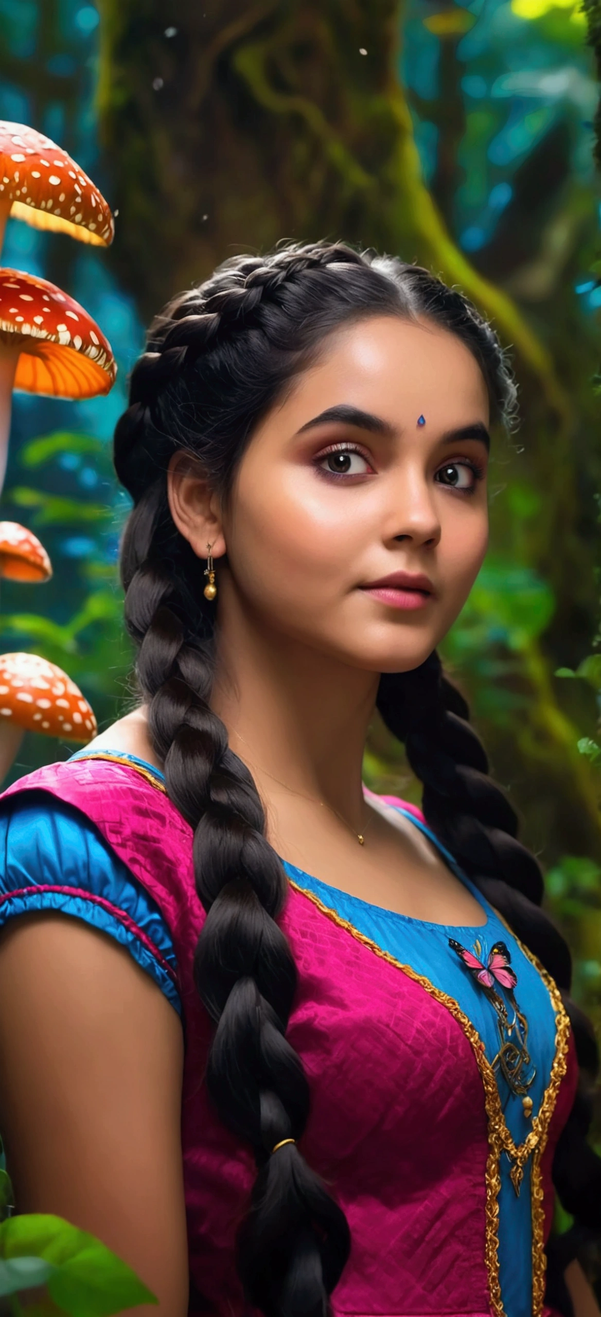 a beautiful girl with long black braided hairs, thick and long hair, alice in wonderland, magical creatures, detailed fantasy landscape, glowing mushrooms, butterflies, vibrant colors, lush foliage, ethereal lighting, dramatic angles, highly detailed, photorealistic, 8k, award winning, intricate, mesmerizing, cinematic, chaitra 