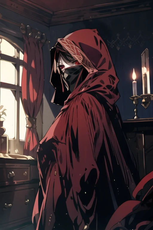 No name assassin, 1female, red eyes, cloak, long skirt, mask, cape, best quality. masterpiece, solo, 1girl, room, bedroom, window