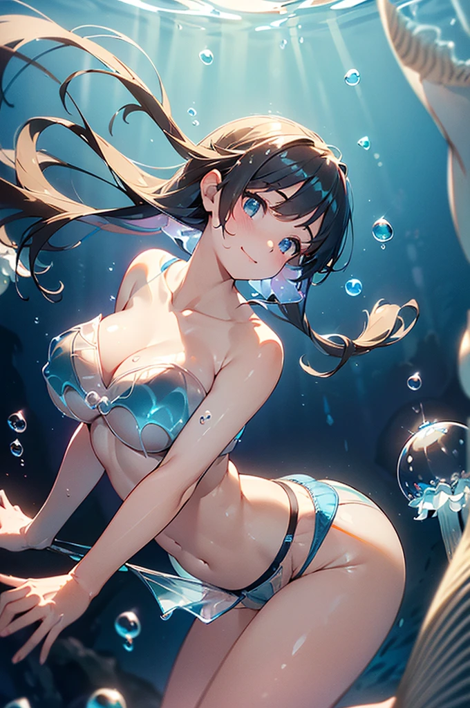 (In 8K, Highest quality, Tabletop:1.2), Highest quality, Ultra-high resolution、The light shines, Smooth Skin、One girl、(Beautiful girls:1.5 )、(Underwater、Blue background、Dark Background:1.5)、Submersion、Underwater、(Strapless bra、Bare shoulders、Transparent Water Bubble Bra:1.8)、(Transparent water bubble panties:1.8)、(Cloak of transparent water bubbles、Transparent Water Bubble Waist Cloak)、Erect nipples
、Camel Toe、pubic hair、(Swimming in the water)、(Beautiful background:1.5)、no gravity、whole body、(Landscape 1.3)、From the side、(Fetal position 1.3)、Sparkling Light、(Detailed large round breasts:1.3)、(Cleavage)、Mid-length hair、Straight hair、Bans、smile、jellyfish、jellyfish、jellyfish