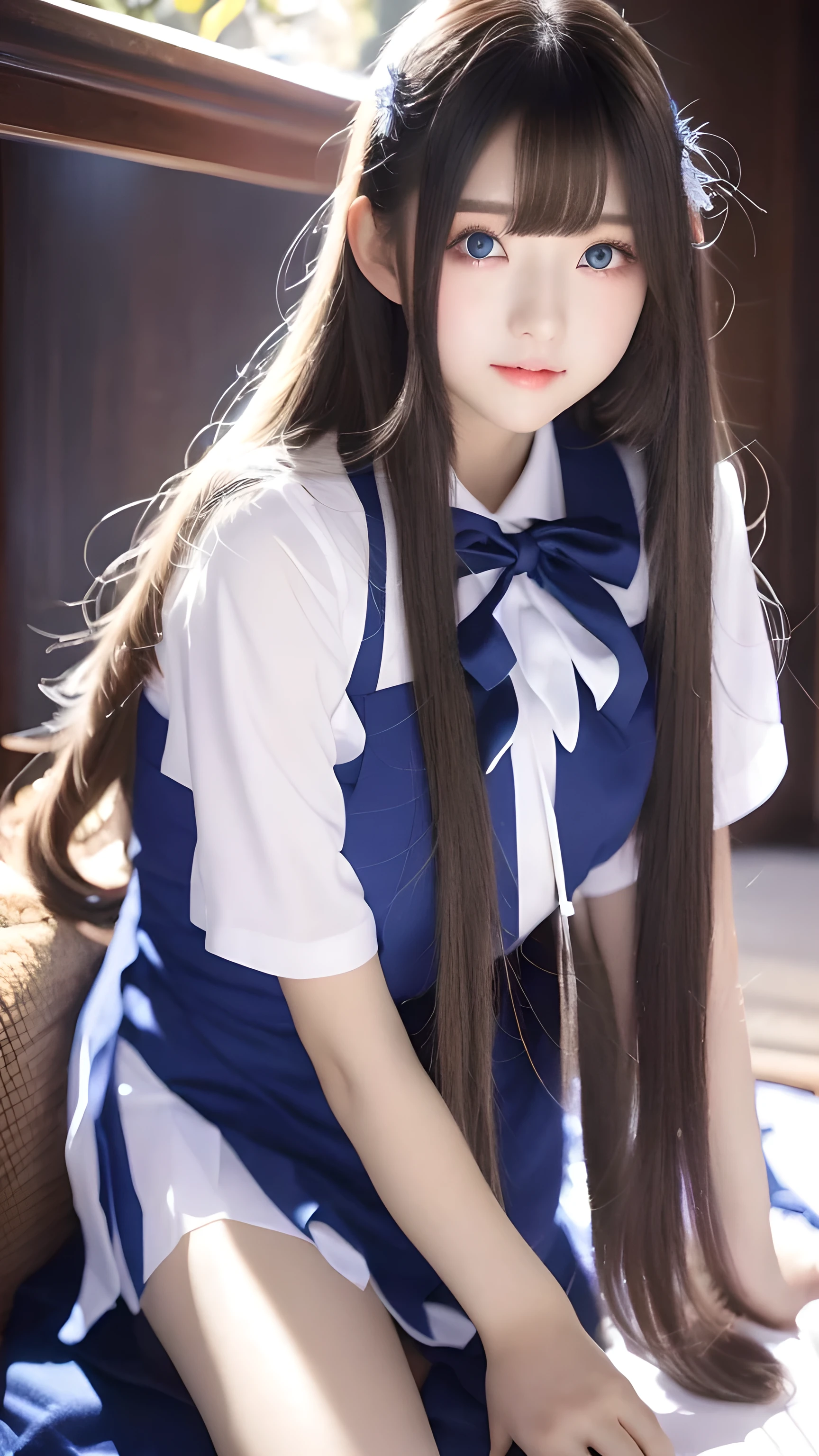 1 girl、school uniform、Blue sky、Bright and beautiful face、young, Fair and shiny skin、best look、Golden hair reflects the dazzling light、Extra long silky straight hair,Shiny and beautiful blonde hair、Long bangs、A very beautiful girl、The big eyes sparkle with clear light blue light、Beautiful cute beautiful girl