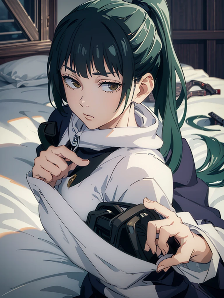 (high res, 8K, masterpiece, looking at viewer, best quality, very aesthetic, ultra detailed, ultra background, ultra Eyes), intricate details, 1girl, Maki Zenin, JUJUTSU KAISEN, Nude, small golden eyes, long dark green hair that is usually tied in a short ponytail, has bangs on her forehead with smaller strands of hair framing her cheeks, Perverted face, Cheeks Flushed, Big Ass, Big Breast, sleeping on the bed, blanket covers breasts, Background windows, Bedroom, Cinematic Angle