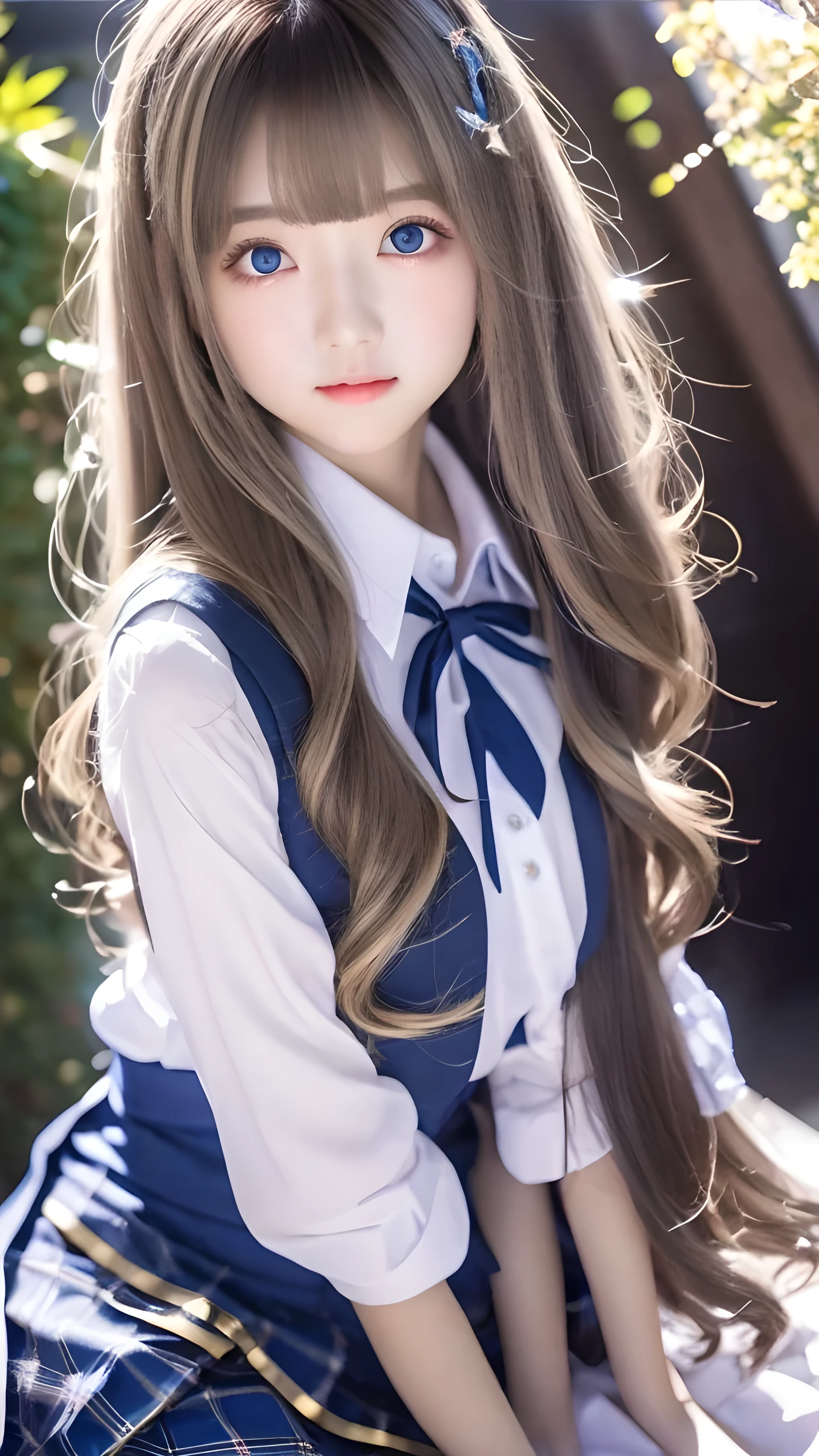 1 girl、school uniform、Blue sky、Bright and beautiful face、young, Fair and shiny skin、best look、Golden hair reflects the dazzling light、Extra long silky straight hair,Shiny and beautiful blonde hair、Long bangs、A very beautiful girl、The big eyes sparkle with clear light blue light、Beautiful cute beautiful girl