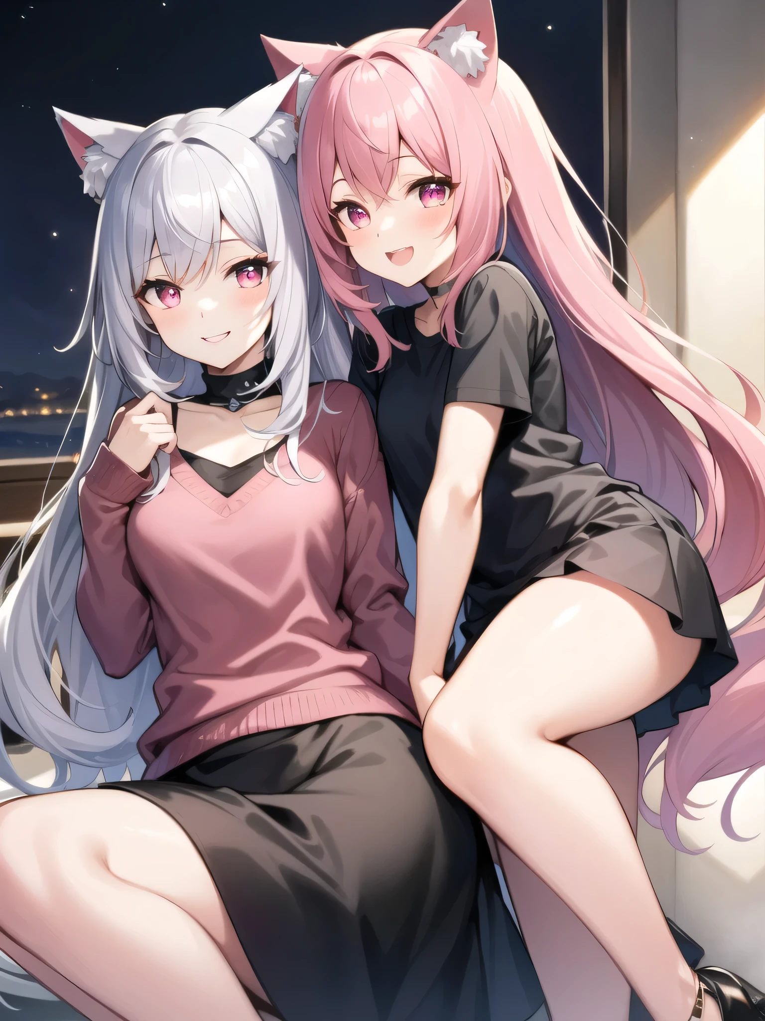 Center of chest,pretty girl,Cat ear,Beautiful silver hair,Pink inside,Beautiful pink eyes,black shirt,black skirt,smile
