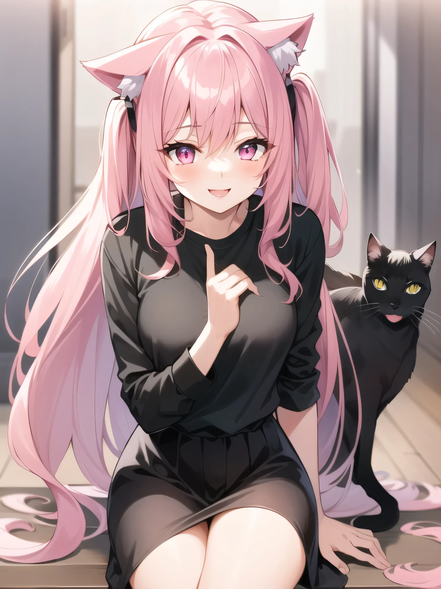 Center of chest,pretty girl,Cat ear,Beautiful silver hair,Pink inside,Beautiful pink eyes,black shirt,black skirt,smile
