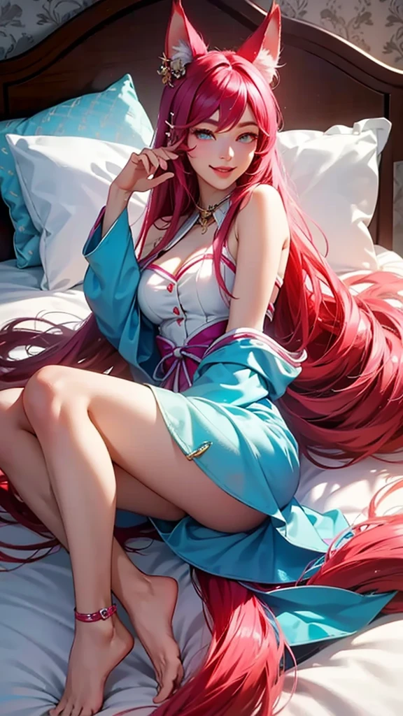 Ahri, sits with her legs straddled around a mans waist, in bed, birds eye veiw, ahri pins the man down, smiling