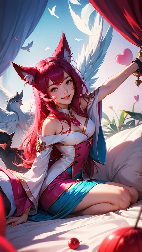Ahri, sits with her legs straddled around a mans waist, in bed, birds eye veiw, ahri pins the man down, smiling