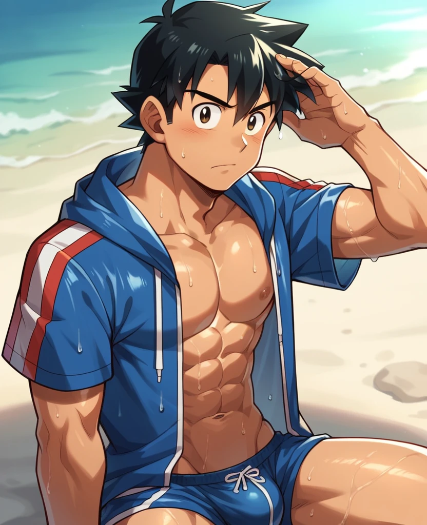 1boy, 1solo, ash ketchum, black hair, brown eyes, hair between eyes, ash ketchum, on beach, open hoodie jacket, short sleeves, shirtless, male swimwear, wet hair, wet skin, sweat skin, handsome boy, macho, good looking boy, striking a pose