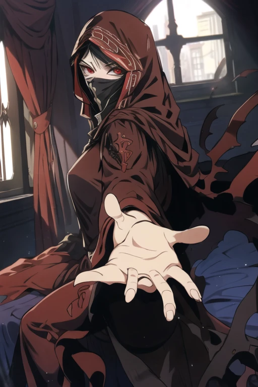 No name assassin, red eyes, cloak, long skirt, mask, cape, best quality. solo, 1girl, room, bedroom, window