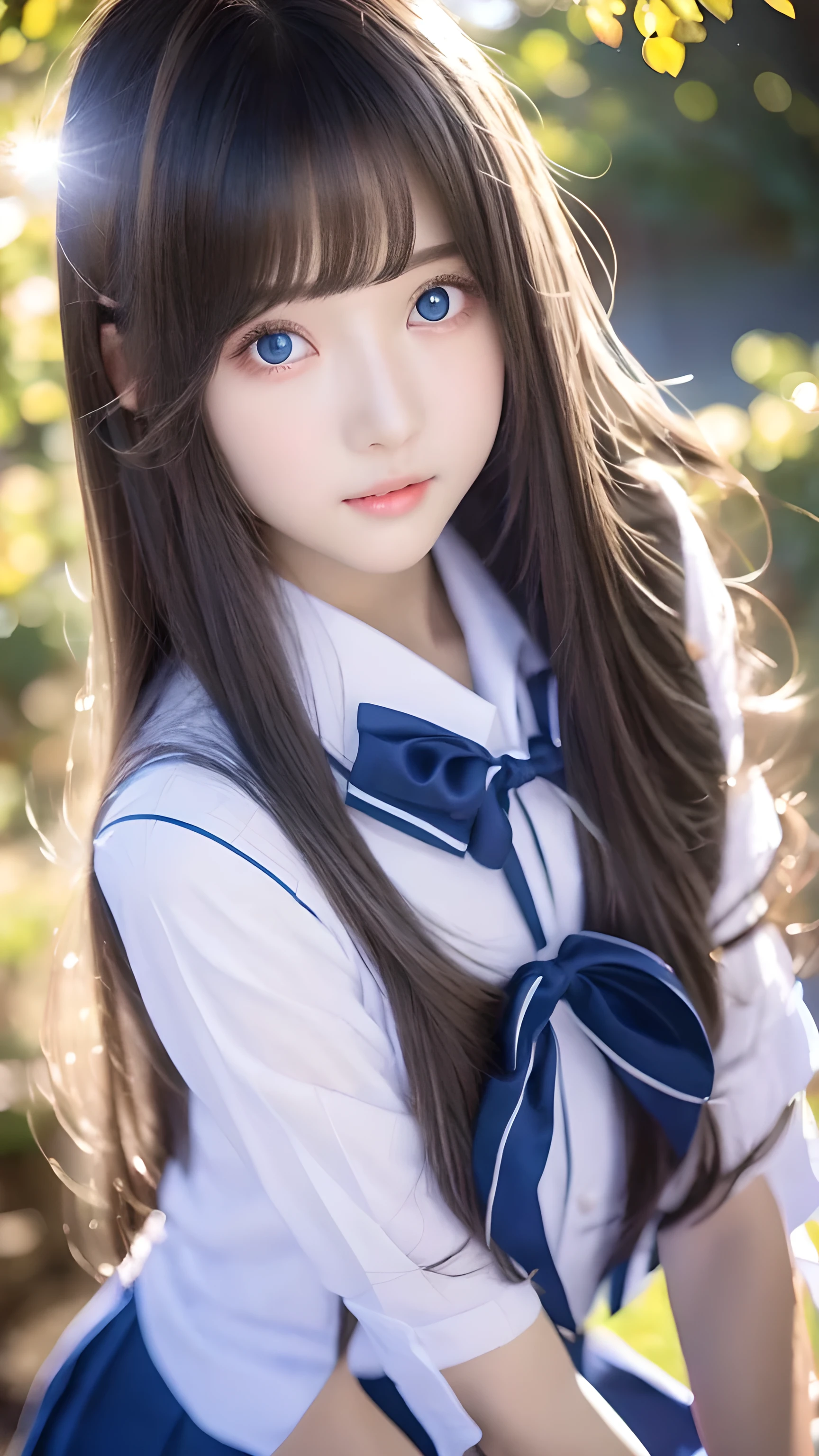 1 girl、school uniform、Blue sky、Bright and beautiful face、young, Fair and shiny skin、best look、Golden hair reflects the dazzling light、Extra long silky straight hair,Shiny and beautiful blonde hair、Long bangs、A very beautiful girl、The big eyes sparkle with clear light blue light、Beautiful cute beautiful girl