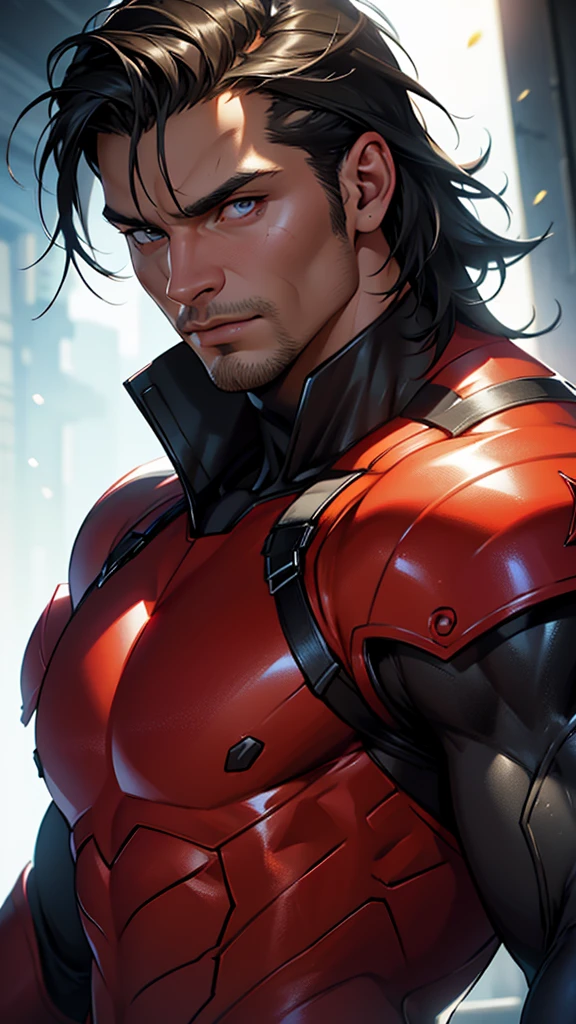 a muscular handsome man in a red and black bodysuit,detailed face, detailed eyes,detailed lips,detailed costume,dynamic lighting,cinematic composition,highly detailed,masterpiece,photorealistic,4k,8k,HDR,studio lighting,