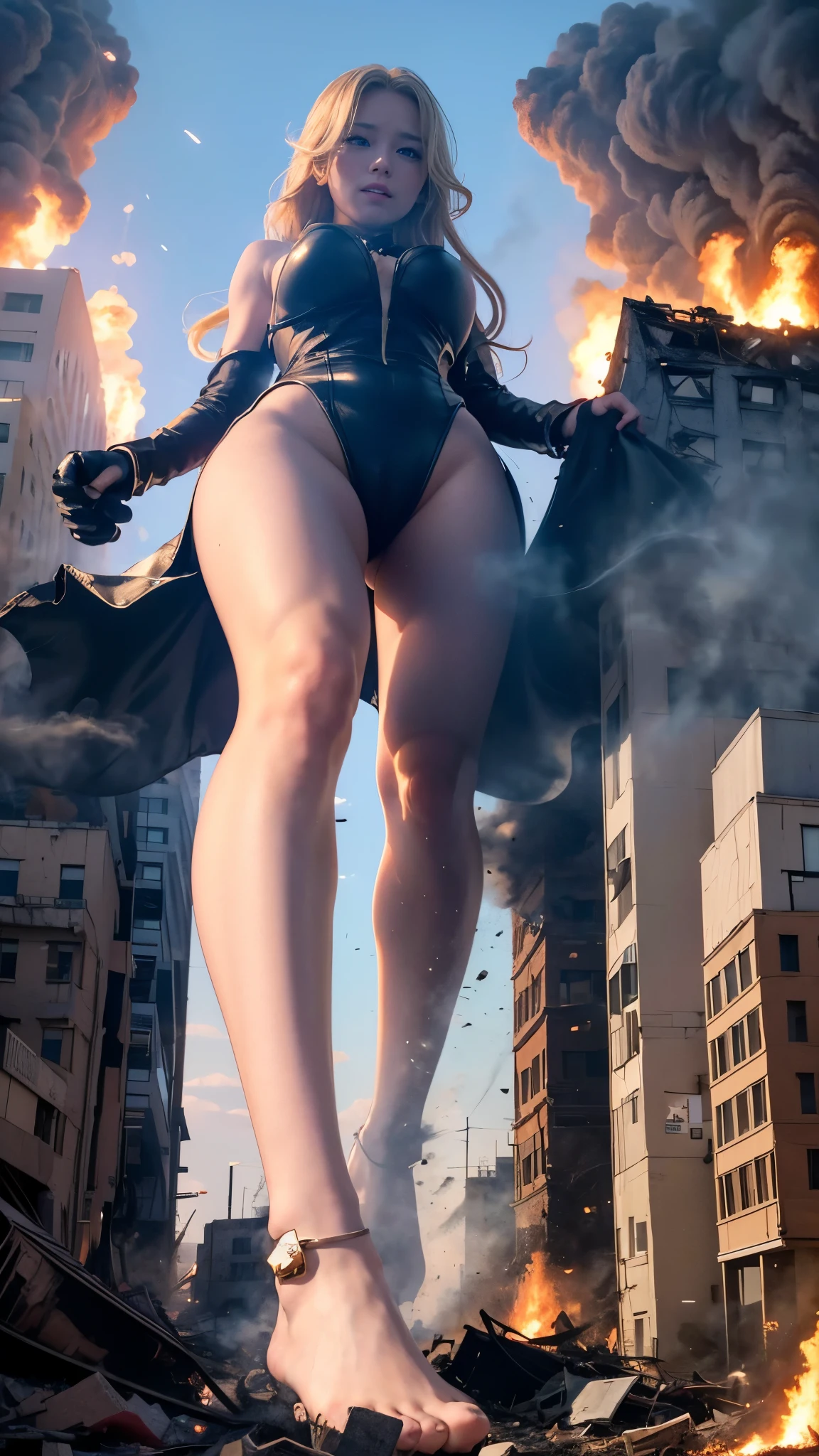 (giant girl elements, high resolution, high quality, accurate body structure, detailed body) Towering giant blonde girl, 50,000 feet tall, looking up at approaching woman from below, giantess attacking city, cute, blonde, women destroying small town, destroying small town, mischievous expression, Japanese, white skin, giant blonde woman, smiling, trampling buildings, rubble, burning small town, destroyed small buildings, collapsed highway, cars being crushed, evacuation of residents, sunset, burning small town, please, walk, trample, anatomically correct, accurate human body, accurate skeleton, full body portrait, blue eyes, rubble scattered at feet, taller than skyscrapers, huge impact, amazing, giantess elements, draw women big, increase destructive elements, make city small