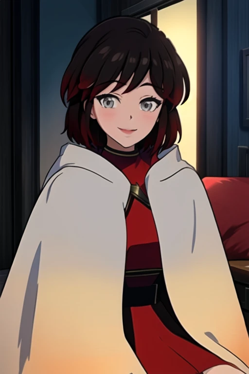 srwby, short hair, black hair, red hair, white cloak, white cape, gradient hair, grey eyes, Solo, 1girl, Looking at viewer, Masterpiece, Best Quality, smile, room, sitting 