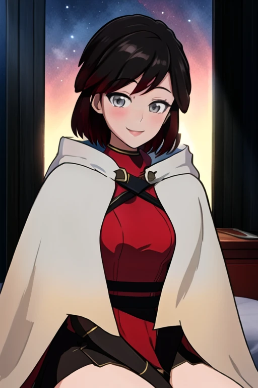 srwby, short hair, black hair, red hair, white cloak, white cape, gradient hair, grey eyes, Solo, 1girl, Looking at viewer, Masterpiece, Best Quality, smile, room, sitting 