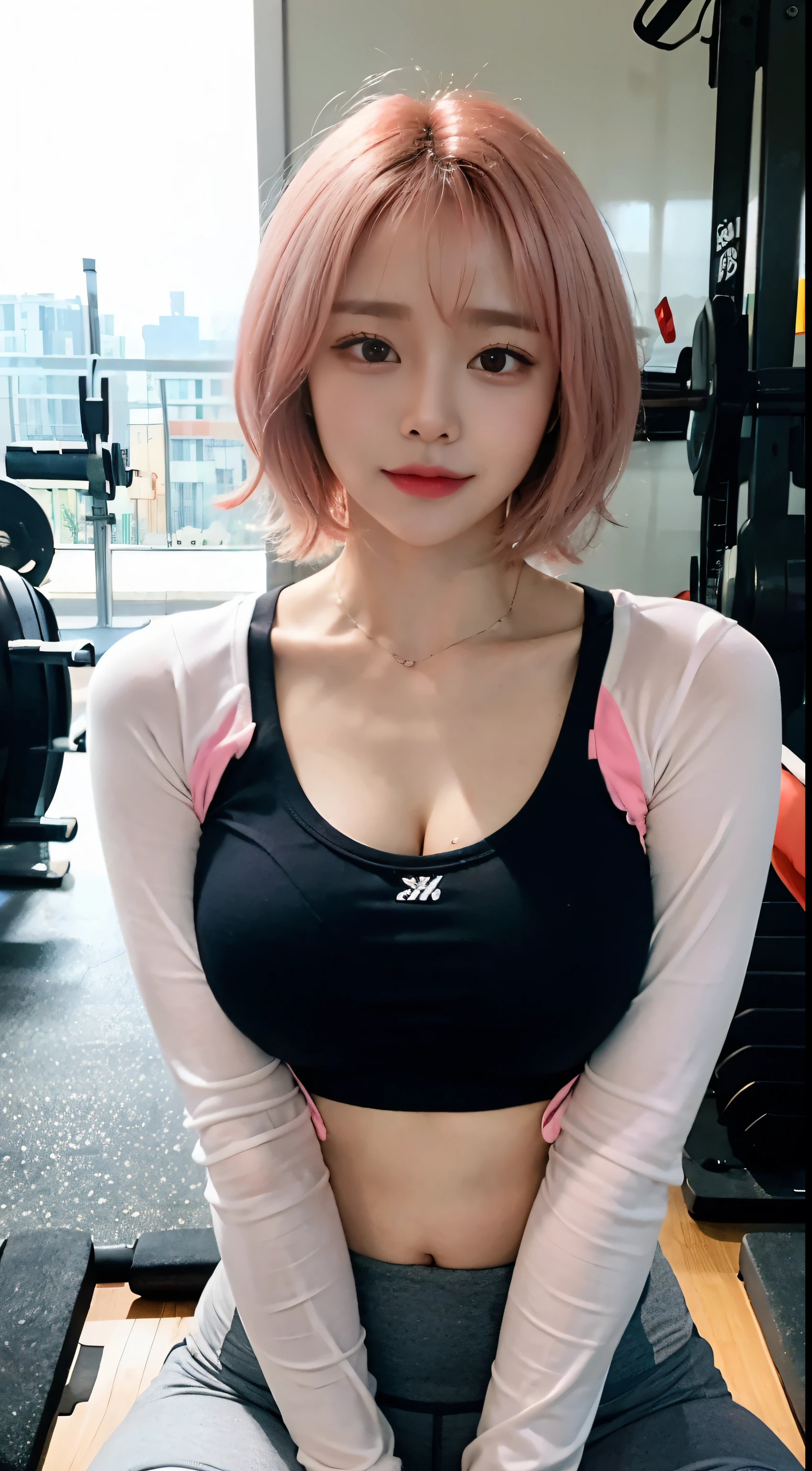realistic、best quality、1 girl、pink hair,Short hair,saliva、,professional lighting、It's Saturday、I'm at the gym、power rack、long sleeve cool yoga clothes、
