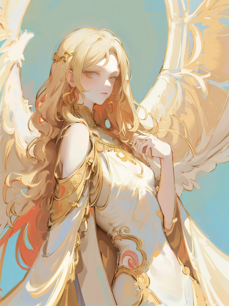 design:nty, women are, (Angelic), Colorful clothing, Intricate details, Colored Background, Abstract, Blonde red eyes, Perfect Eyes, Anatomically correct, Simple clothing, White silk clothing