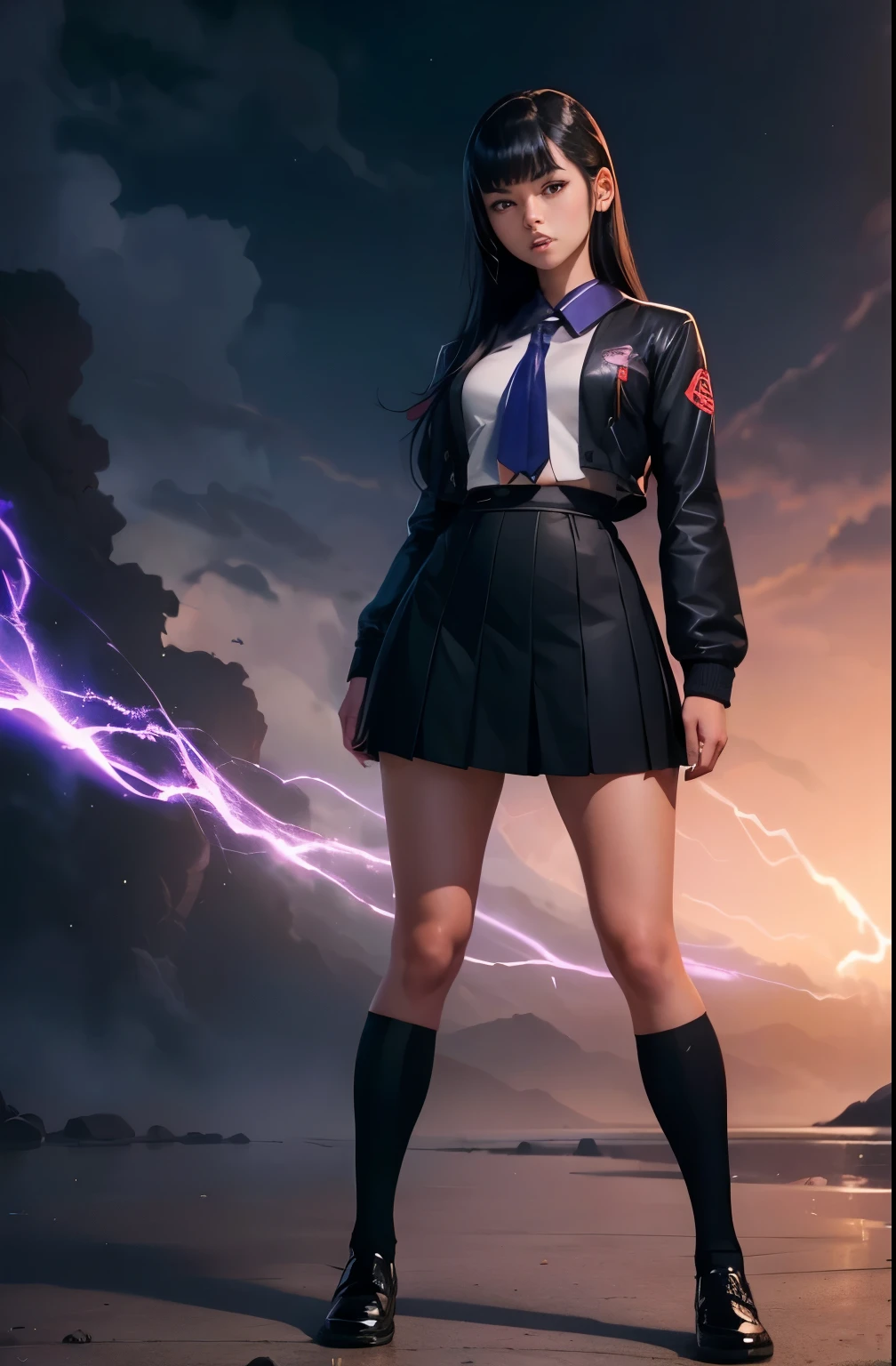 full body shot of sexy 19-year old psionic girl, (Japanese school uniform), (calm look), stunning, black hair, fancy haircut, (confident pose), storm,