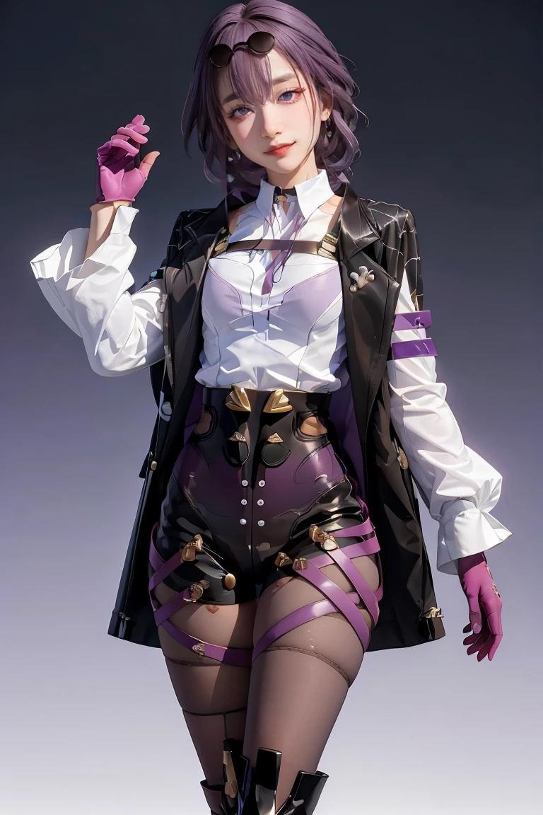 masterpiece, best quality, 1girl, KafkaV4, shirt, white shirt, jacket, purple hair, long sleeves, eyewear on head, sunglasses, boots, gloves, pantyhose, cowboy shot, standing, gradient background, spaceship, closed mouth, smile, looking at viewer,