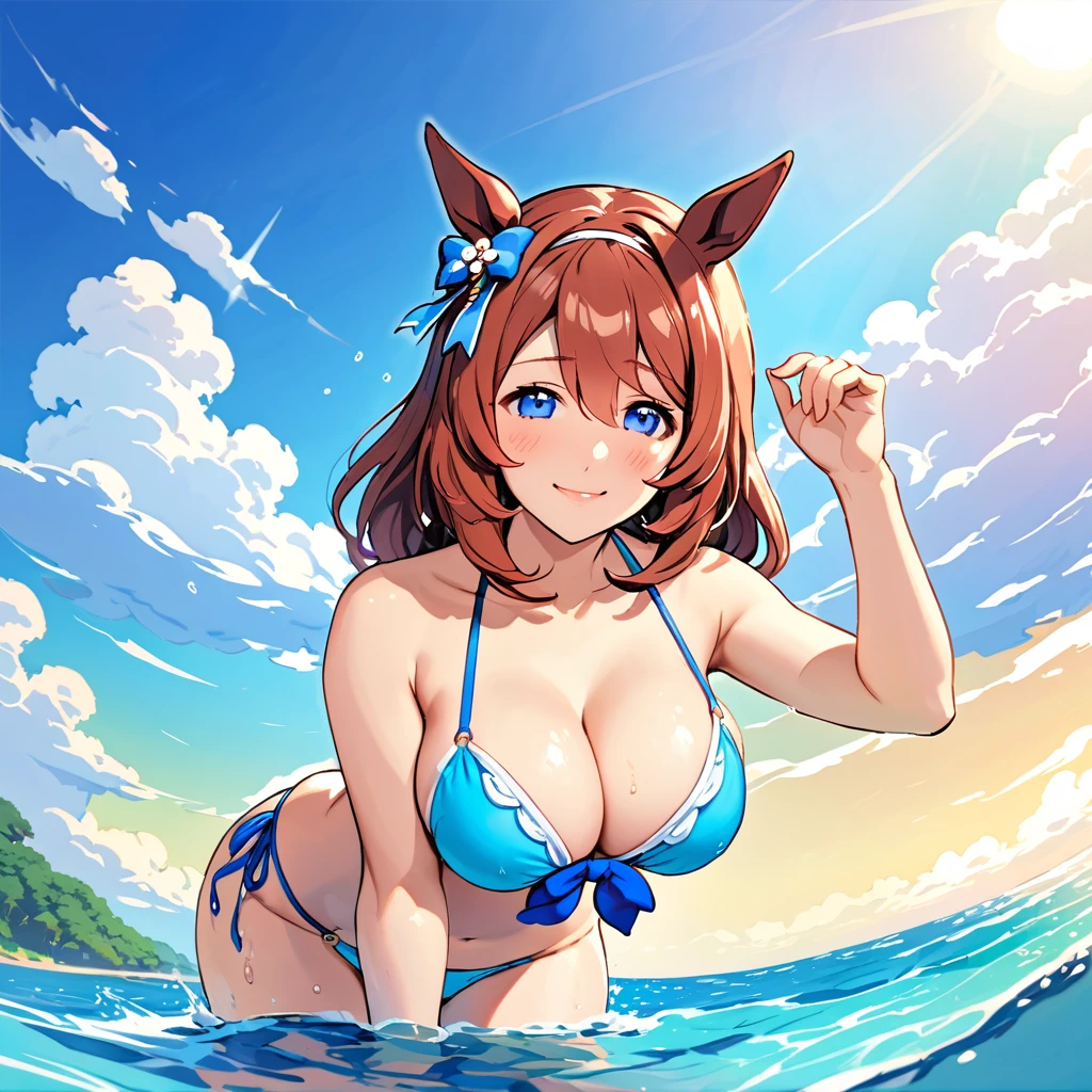 Highest quality, Super Creek (umamusume), A shy smile, Cleavage, Micro Bikini、Ocean、Get wet、Dynamic pose