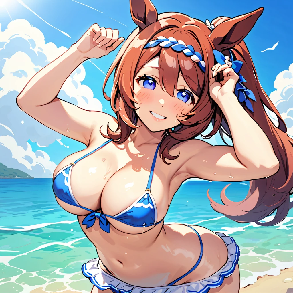 Highest quality, Super Creek (umamusume), A shy smile, Cleavage, Micro Bikini、Ocean、Get wet、Dynamic pose