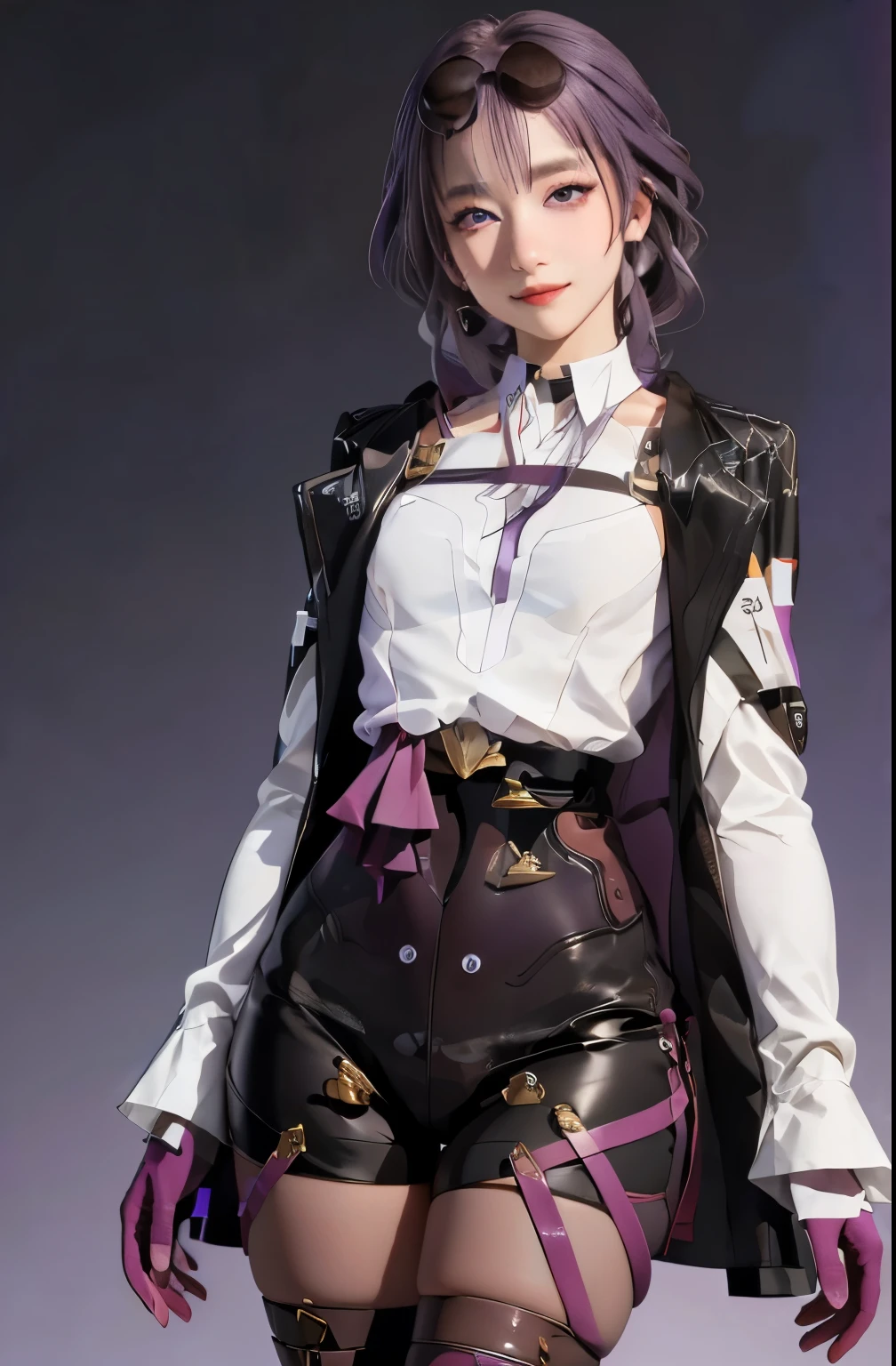 masterpiece, best quality, 1girl, KafkaV4, shirt, white shirt, jacket, purple hair, long sleeves, eyewear on head, sunglasses, boots, gloves, pantyhose, cowboy shot, standing, gradient background, spaceship, closed mouth, smile, looking at viewer, 